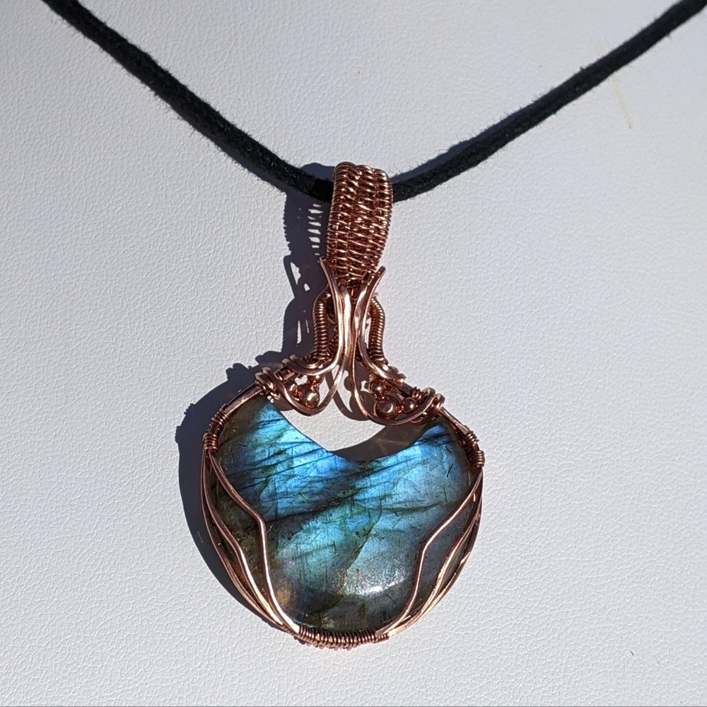 Ethereal Moon Pendant-Artisan-Blue Labradorite Gemstone-Copper Wire Wrap - Picture 17 of 17